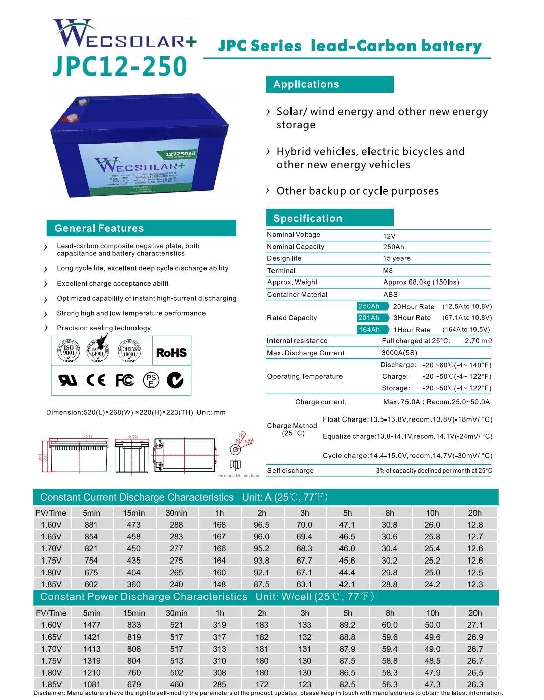 Batería AGM - Lead Carbon 250ah 12v